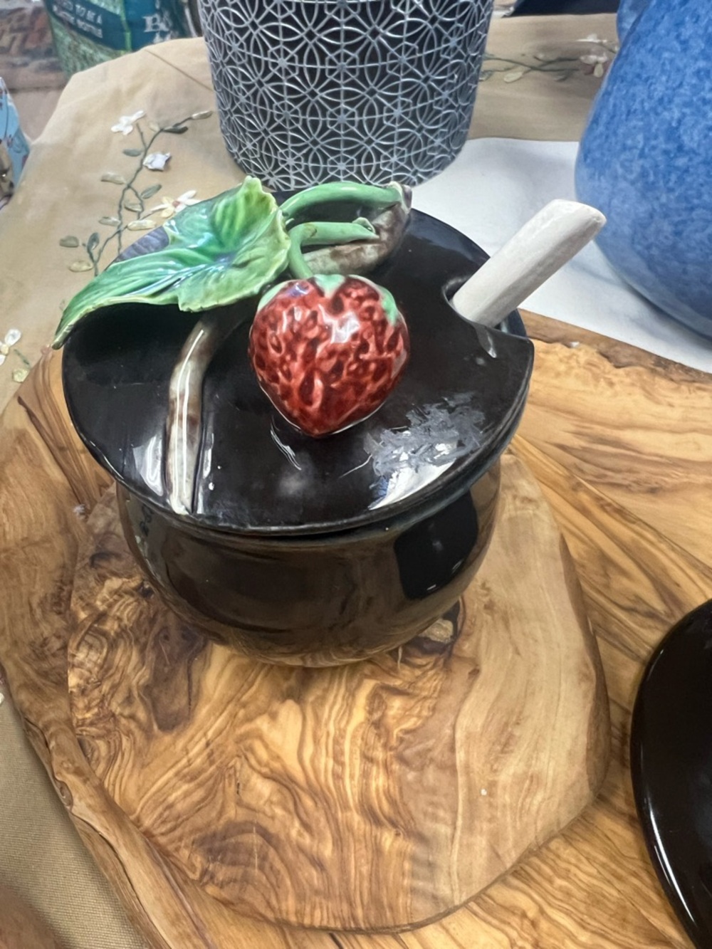 Hand-Painted Ceramic Jam Jar with Strawberry Lid  and spoon. Made in PORTUGAL